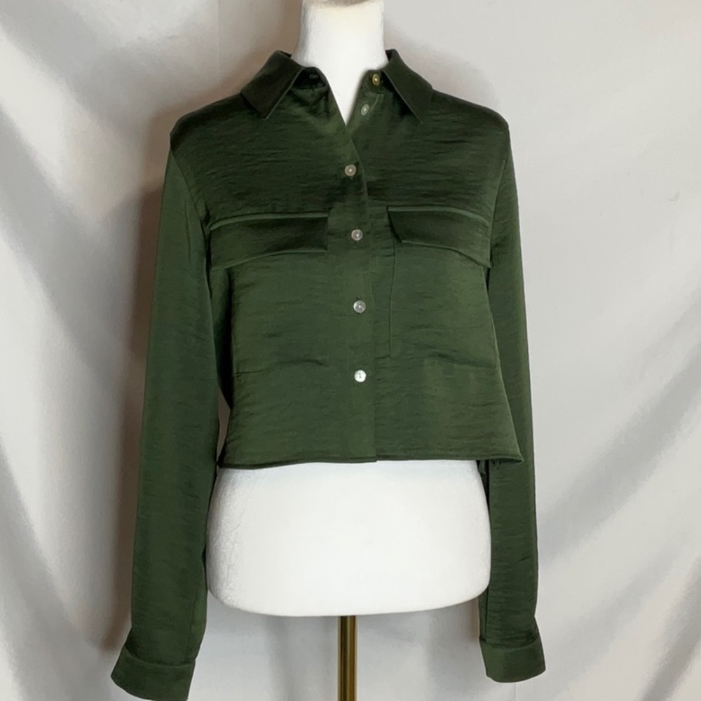 Zara Oversized Cropped ButtonUp Dark Green Blouse EUC Size XS